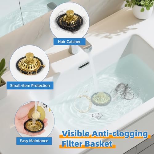 Universal Bathtub Drain Stopper, Brass Metal Shower Hair Catcher, Brushed Gold - Image 2