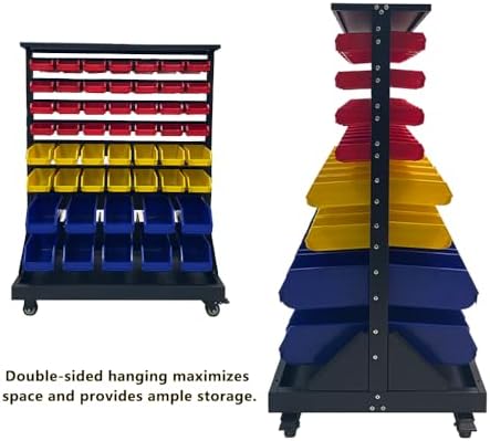 JZD Heavy Duty Rolling Bin Storage Rack, Parts Organizer on Wheels, 104 Bins for Nuts Bolts Hardwares, 8-Tier Double Sides Bin Shelves for Garage Warehouse Factory - Image 7