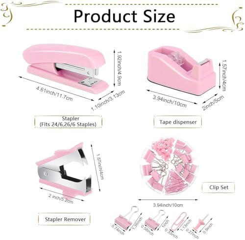 Office Supplies,Pink Desk Accessories, Stapler and Tape Dispenser Set for Women with Stapler,Tape Dispenser,Staple Remover,Staples,Clips,Scissors and Tabs,Gift for Students,Coworkers,Teacher,Business - Image 5