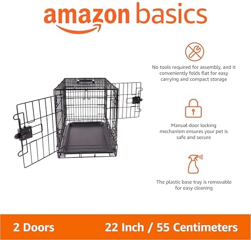 Amazon Basics Portable, Foldable Metal Wire Dog Crate with Removable Tray, Double Door, Divider Panel, Easy to Assemble, 22 x 13 x 16 in, Black - Image 2