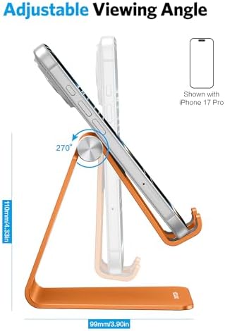 OMOTON Adjustable Cell Phone Stand, Aluminum Desktop Cellphone Stand with Anti-Slip Base and Convenient Charging Port, Fits All Smart Phones, Orange - Image 4