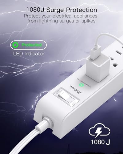 2 Pack Long Extension Cord, 12FT Power Strip Surge Protector with 6 Outlets and 4 USB Ports (2 USB C), Extension Cord with Multiple Outlets, Flat Plug Overload Protection, Wall Mount for Dorm College - Image 7