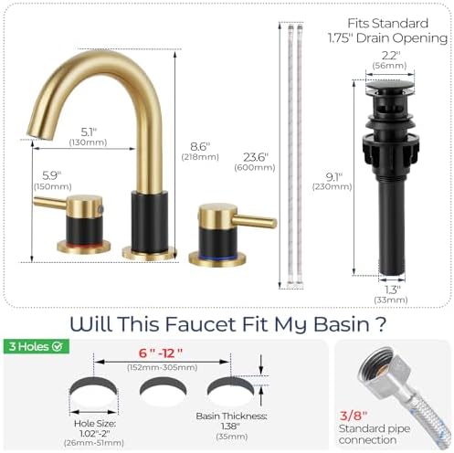 Black and Gold Bathroom Faucet 3 Hole, 2-Handle Widespread Faucet - Image 6