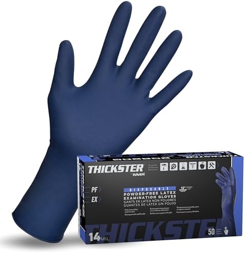 Thickster Powder-Free Exam Grade Latex Disposable Gloves. Blue, 14 mil Thickness, 12" Length. Single Use. Pack of 50. by SAS
