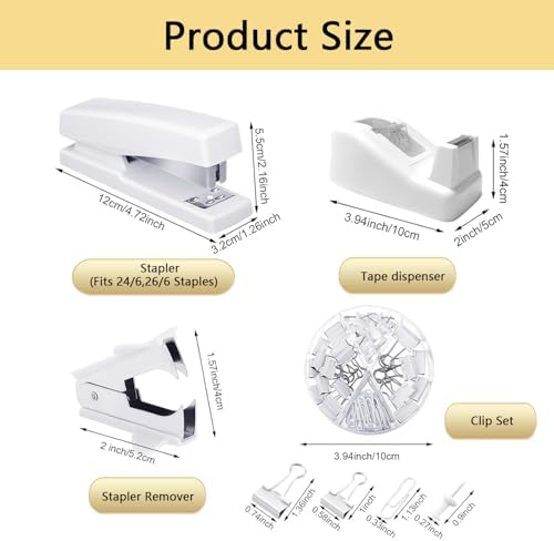 Office Supplies,White Desk Accessories,Office Supplies Set,Stapler and Tape Dispenser Set,Scissors,Staple Remover,Binder Clips,Staples,Ballpoint Pen,Index Tabs with Ruler,Clear Tape.9pcs for Office - Image 5