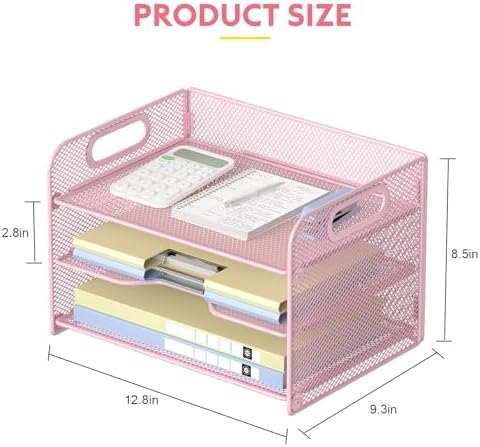 Samstar 3 Tier Pink Letter Tray Paper Organizer with Handle, Mesh Desk Organizer Paper Sorter File Rack Shelves, Pink - Image 4