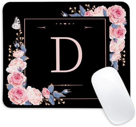 Letter D Black and Pink Flowers Square Mouse Pad, Mouse Pad with Stitched Edge and Non-Slip Rubber Base,Mouse Mat,Home Office Decor Desk Accessories,9.4x7.8x0.12 inch Square Mouse Pad by Unknown
