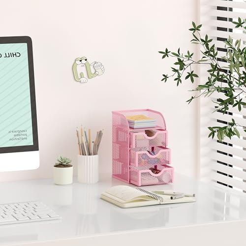 EasyPAG Mesh Desk Organizer with 3 Drawer Office Desktop Organizers and Accessories Stationery Caddy for Office, Home, Students, Pink - Image 6