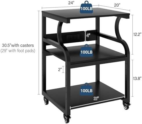 Natwind 3 Tier Large Printer Stand, 24"x20", with Charging Station,Black - Image 2
