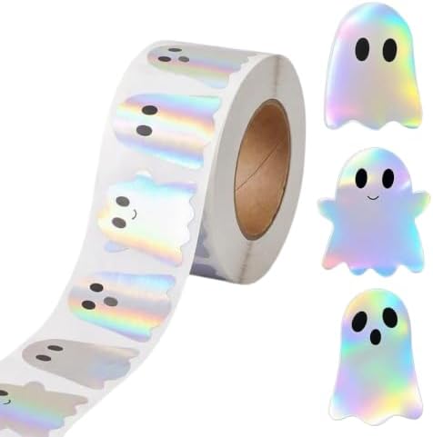 500Pcs Halloween Ghost Stickers Rolls,Holographic Cute Ghost Decals 1.2Inch by LOPUROExquisiteAccessories