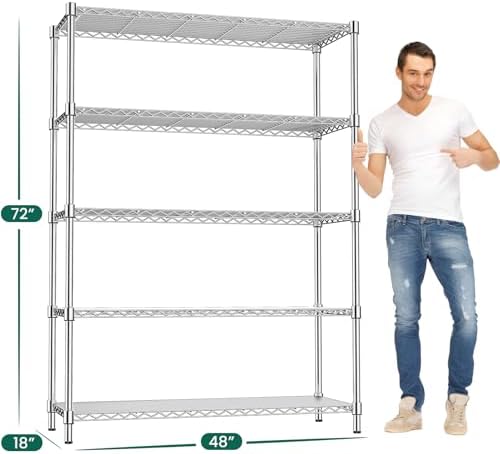 48" W Garage Shelving 1875 LBS Heavy Duty Wire Shelving Unit, Metal 5-Tier Adjustable Steel Storage Rack with Liners, 48" W x 18" D x 72" H for Pantry Kitchen Commercial, Chrome - Image 3