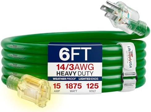 6ft Outdoor/Indoor Extension Cord 14/3 Gauge Heavy Duty 3 Prong SJTW, Waterproof, Flexible Cold-Resistant Long Power Cord,15A 125V 1875W, Green by LifeSupplyUSA by LifeSupplyUSA