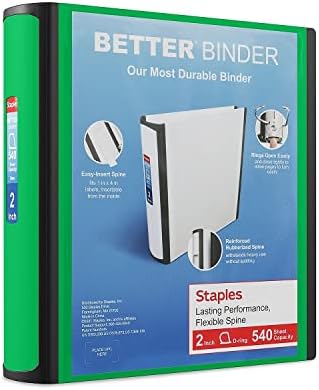 Staples Heavy-Duty 2-Inch D-Ring Binder, Green, Holds 540 Sheets by Staples