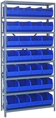 Quantum 1875-463BL Heavy Duty Shelving Unit with (8) Shelves and (28) SSB463 Blue Bins for Industrial Warehouse Storage Distribution | 400 lbs Capacity | 18"D x 36"L x 75"H, Galvanized Carbon Steel by QuantumStorageSystems