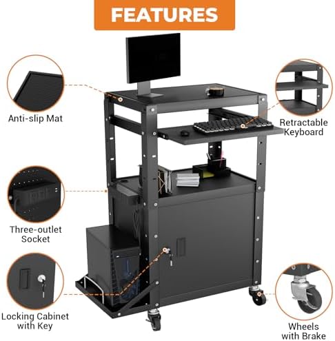 Mobile AV Cart with Side Shelves, Rolling Computer Cart Height Adjustable Rolling Media Utility Cart with Pullout Keyboard Tray Extra Storage Space, 4 Outlets, Perfect for Home or Office Use - Image 4