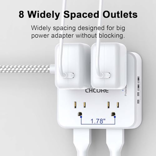 Surge Protector Power Strip - CHCORE 20Ft Braided Extension Cord with 8 Outlets with 4 USB (2 USB C) Charging Ports, Flat Plug Multi Plug Outlet Extender Charging Station for Home Office, ETL, White - Image 4