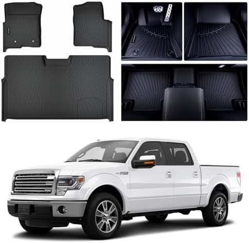 Floor Mats for Ford F-150 SuperCrew/Crew Cab 2010-2014, All-Weather Custom Fit, Front & 2nd Row, 3-Piece Set, Bucket Seats Black by SANBAN-AXE