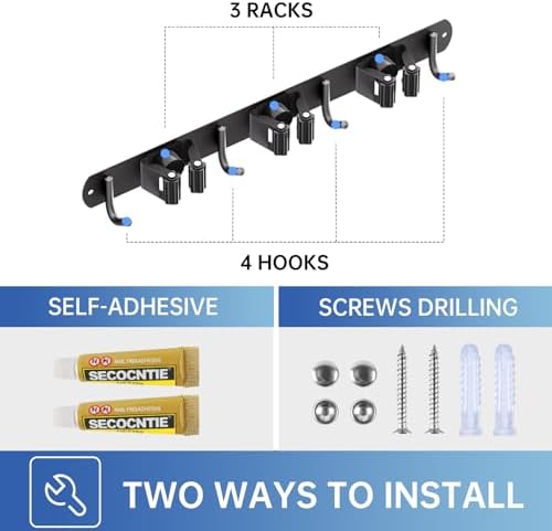 ZONGOOL 2 Pack Mop Broom Holder Wall Mount 3 Racks 4 Hooks Storage Black - Image 6