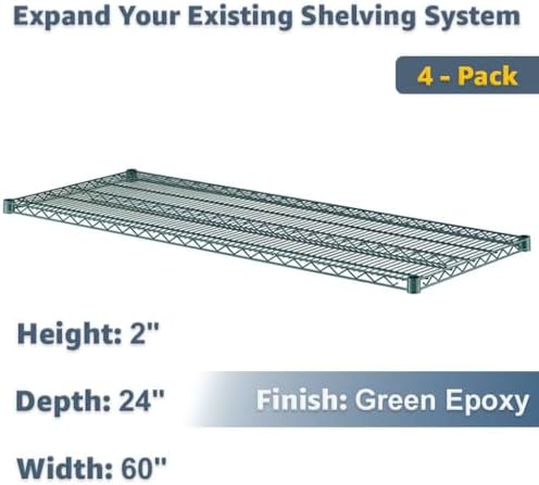 24" x 60" Wire Shelving Add-On Shelf 4 Pack, NSF Green Replacement for Metal Rack Systems - Image 2