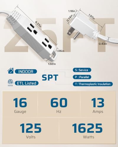 DEWENWILS 25FT White 3 Outlet Flat Plug Extension Cord 16/3, ETL Listed - Image 2