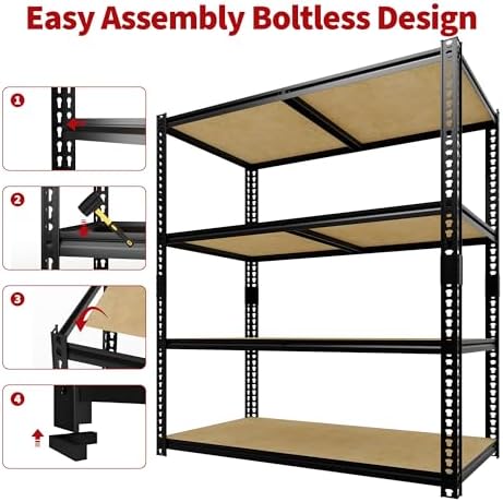 48" W Garage Storage Shelves, 4 Tier Adjustable Shelving Unit, 2560 Lbs Heavy Duty Garage Shelf Rack for Kitchen, Pantry, Basement, Bathroom & Laundry, 48" W x 24" D x 60" H, Black - Image 7