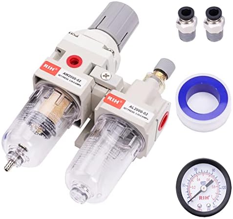 RIH 1/4" NPT Compressed Air Filter Regulator Lubricator Combo Water/Oil Trap Separator - Gauge(0-150 psi), Semi-Auto Drain, Poly Bowl,Bracket - 3 in 1 Two Unit (1/4" NPT) by RIHRightPneumatic