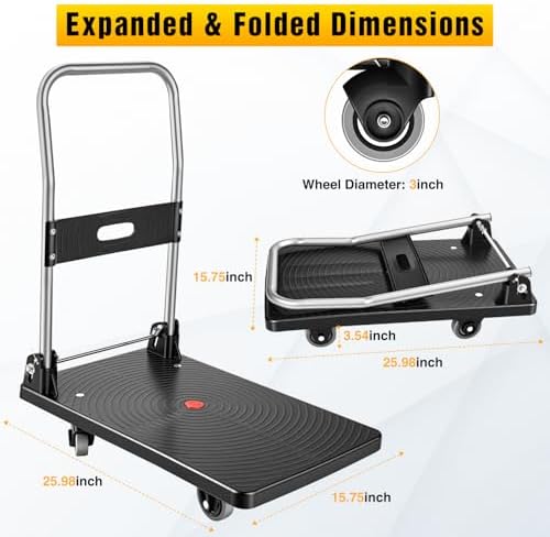 Foldable Platform Cart 220 lbs Push Dolly with 3 Inch PU Wheels PP Deck Flatbed Cart for Home Garage Office Use Black - Image 3