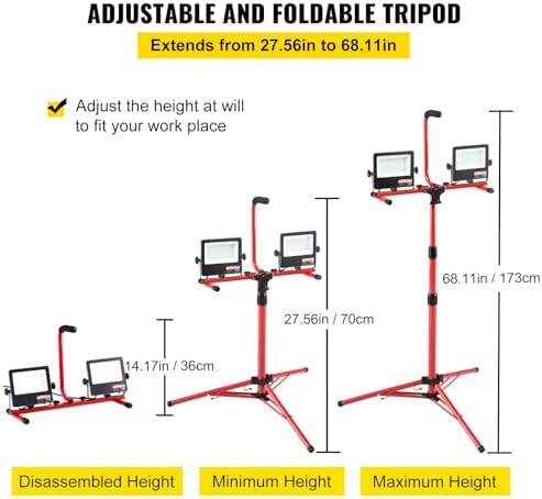 VEVOR LED Work Light with Stand, 2PCS 10000 Lumen Dual-head LED Work Light with 27.6"-68.1" Adjustable and Foldable Tripod Stand, IP65 Waterproofed LED Tripod Work Light, with 5000 K Color Temperature - Image 4