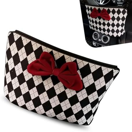 Car Between-Seat Storage Bag, Argyle Pattern Bowknot Decor Car Console Organizer for Grocery Personal Item, Universal for Most Car Models (Black & White) by Unknown