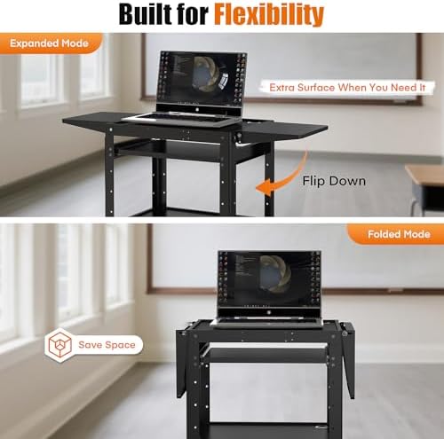 All-Steel Rolling AV Cart with Adjustable Height & Built-in Power – Heavy-Duty Media Workstation with Drop-Leaf Shelves & Wheels for Projectors, Laptops, Printers – Classroom, Office & Studio, Black - Image 2
