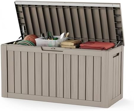80 Gallon Deck Box, Waterproof Resin Outdoor Storage Box with Lockable Lid, Patio Storage Box with Fade Resistant for Patio Furniture Cushions, Pool Accessories, Garden Tools, Light Coffee by Unknown