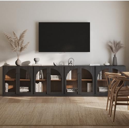 BELLEZE 2 Tier Bookshelf with Arched Glass Door, Set of 4 Modern Display Bookcase Shelf with Storage and Adjustable Shelves, 126" Wood Bookshelves for Living Room Office Entryway (Ebony) - Image 6