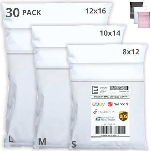 Shipping Bags (30 Pack) with Label Pouch - 8x12, 10x14 & 12x16 - Poly Mailers for Clothes, Self-Seal Plastic Mailing Envelopes - Tear & Water-Resistant Packaging Bags for Clothing, Not Padded by Emballax