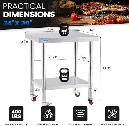 KUARBARR Stainless Steel Table for Prep & Work with 4 Caster Wheels with Backsplash 24 x 30 NSF Metal Commercial Kitchen Adjustable Under Shelf Worktable for Restaurant Home Outdoor - Image 2