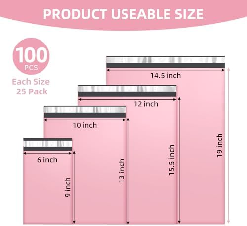 Famagic 100 Pack Pink Poly Mailers Variety Pack, 6x9&10x13&12x15.5&14.5x19 - Image 2