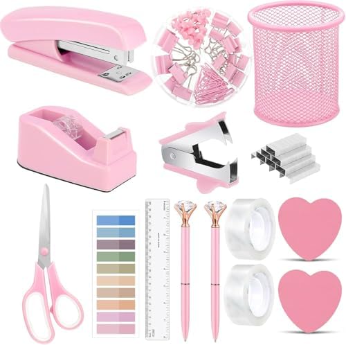 Office Supplies,Desk Accessories, Stapler and Tape Dispenser Set for Women with Stapler, Tape Dispenser, Staple Remover, Staples, Clips, Scissor and Tabs,Gift for Students, Coworkers by musejoy
