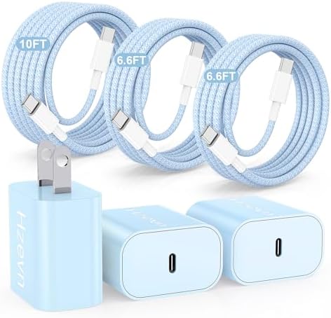 20W USB C Fast Charging for iPhone 17 Air/16/15 Pro Max,3Pack Colorful Mixed Charger Block with Braided Long USB C to C Cables (6/6/10ft) Compatible with iPhone16/15 Pro/15 Plus/iPad Pro by Hzevn