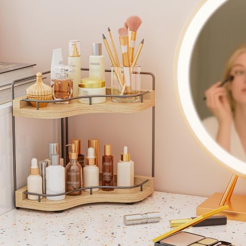 2-Tier Corner Bathroom Counter Organizer, Larger, Light Walnut - Image 2