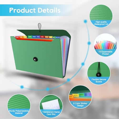 Expanding File Folder, Accordion File Organizer for Sorting Documents and Papers, 13 Pockets File Storage Organizer for Home, Travel and Office Use, Hospital Bag Essentials (Green) - Image 4