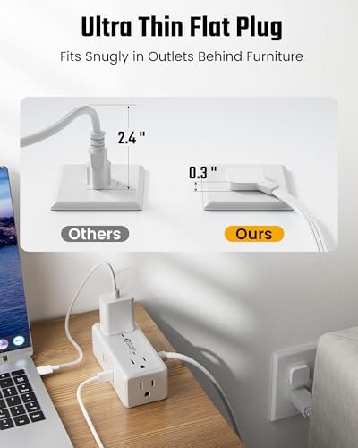 10Ft Long Extension Cord, SUPERDANNY Flat Plug Surge Protector Power Strip - Image 4