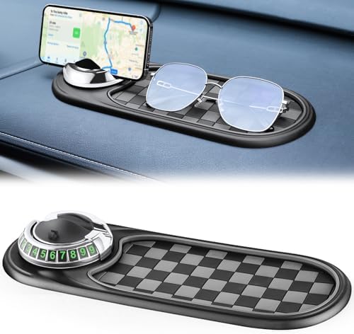 LivTee Multifunction Car Anti-Slip Mat, 360° Rotatable Multifunctional Car Dashboard Mobile Phone Holder with Temporary Parking Number, Universal Dashboard Accessories for Organized Storage(BG-Silver) by LivTee