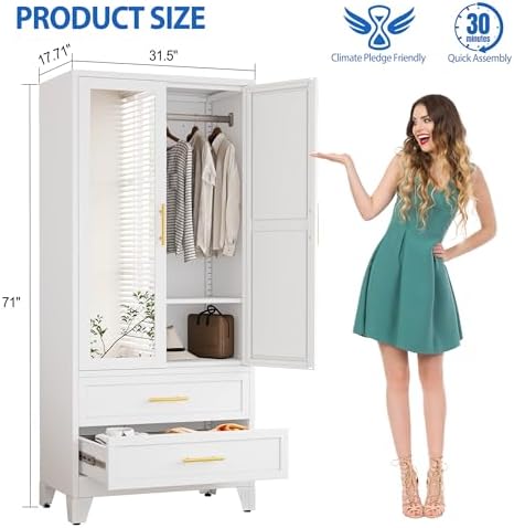 GAIOUS Steel Armoire Wardrobe Closet with Mirror and 2 Drawers 71" White - Image 2