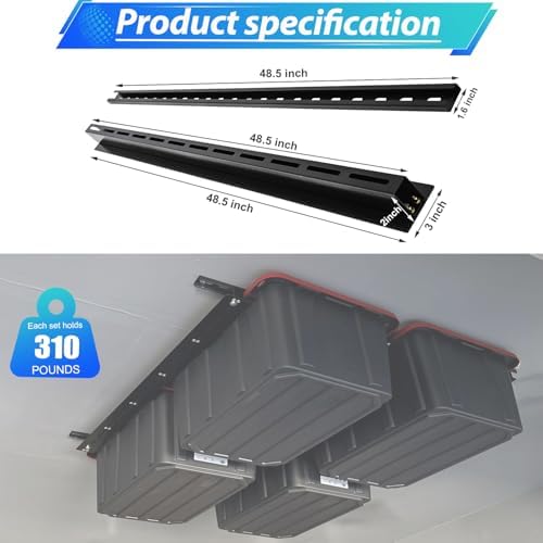 Garage Ceiling Storage Rack, Heavy Duty Overhead Storage Rails for Bins, Adjustable Tote Sliding Organizer, Fits 7-27 Gallon Bins, 310 lbs Capacity, 48” (4 Pack) - Image 2