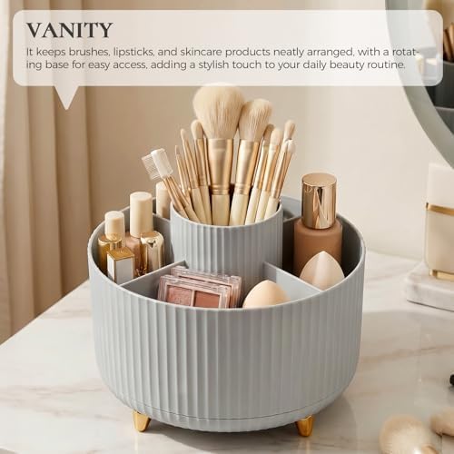 KONVINIT Pencil Pen Holder for Desk, 5 Slots 360-Degree Rotating Desktop Organizer, Cute Desk Organizers and Accessories for School, Home, Office and Art Supply, Grey - Image 5