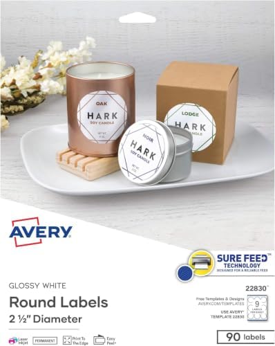 Avery Printable Round Labels with Sure Feed, 2.5" Diameter, Glossy White, 90 Customizable Labels (22830), 2.5" (Pack of 5) by Avery