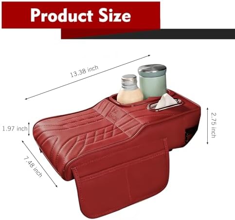 Car Center Console Cover, Waterproof Leather Multifunctional Armrest Booster Pillow with 2 Storage Bags Cup Holder, Tissue Box Slot, Universal for Most Cars with a Pack of Tissues (Red) - Image 2