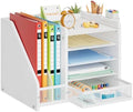 Marbrasse Desk Organizer with File Holder, 5-Tier Paper Letter Tray Organizer with Drawer and 2 Pen Holder, Mesh Desktop Organizer and Storage with Magazine Holder for Office Supplies (Wood-White) by Marbrasse
