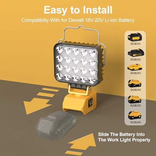 54W LED Work Light for Dewalt 20V Battery, 7600LM Cordless Work Light Dual Switch Battery Protection, Portable Flood Light with USB & Type C Charger Port for Workshop, Camping, Outdoor - Image 3