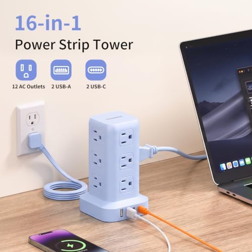 Extension Cord with Multiple Outlets, SMALLRT Power Strip Tower, Outlet Extender with 12 AC Outlets 4 USB, 6.5FT Extension Cord for Home Dorm Room, Office Supplies, Blue - Image 2