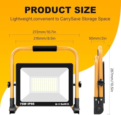 Willpower Portable LED Work Light 75W Job Site Lights 7500LM IP66 Waterproof Construction Floodlights Outdoor with Stand 6000K Daylight White for Camping Workshop Garage with 3.5m Wire Plug - Image 2